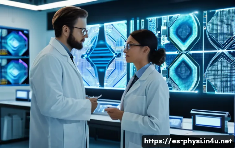 물리학 최신 연구 동향 - **Prompt: A futuristic quantum computing laboratory.** Two brilliant scientists, one male and one fe...