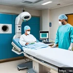 Home 22 실험 물리학 업무 사례 - A modern hospital radiotherapy room featuring advanced particle accelerator equipment in use by medi...