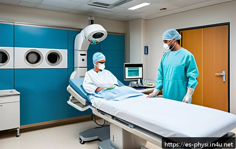 실험 물리학 업무 사례 - A modern hospital radiotherapy room featuring advanced particle accelerator equipment in use by medi...