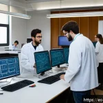 Home 21 물리학 학문적 커리어와 산업적 커리어 비교 - A detailed academic physics laboratory scene featuring a diverse group of international scientists a...