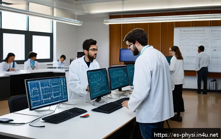 물리학 학문적 커리어와 산업적 커리어 비교 - A detailed academic physics laboratory scene featuring a diverse group of international scientists a...