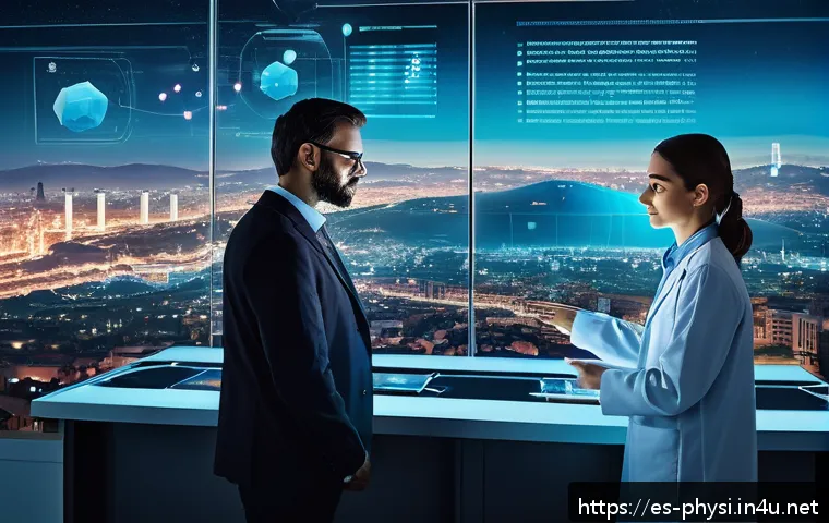 물리학자의 윤리적 책임 - A futuristic laboratory scene in Spain featuring diverse scientists collaborating on quantum computi...