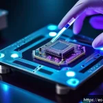 Home 19 물리학의 새로운 실험 기법 - A highly detailed close-up of an ultrathin quantum sensor device, showcasing its intricate nanoscale...