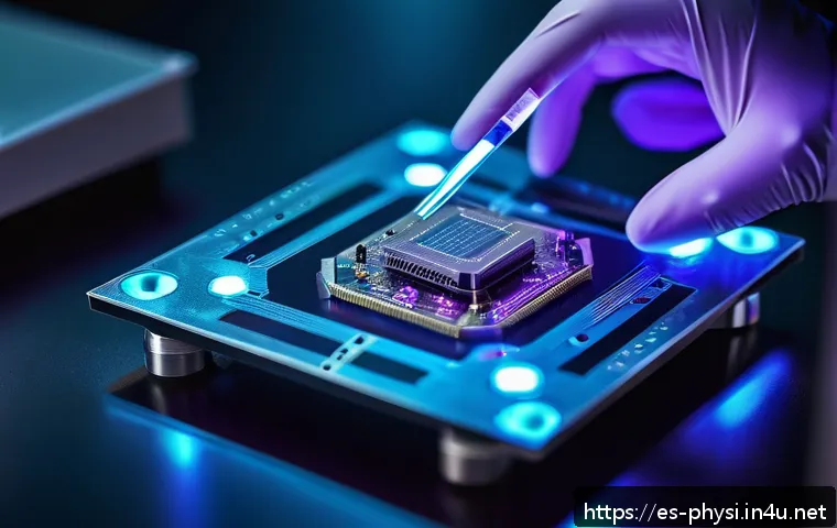 물리학의 새로운 실험 기법 - A highly detailed close-up of an ultrathin quantum sensor device, showcasing its intricate nanoscale...
