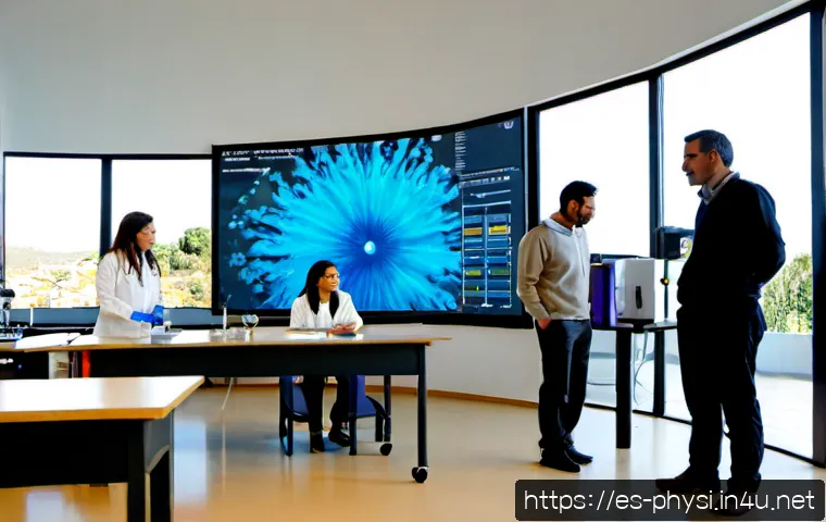 물리학과 물리적 시뮬레이션의 중요성 - Photorealistic university physics laboratory in Spain, a diverse team of adult students and a profes...